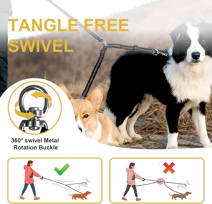 MingXpet Double Dog Leash for Two Dogs, No Pull Dog Leash, 360° Swivel No Tangle for Large Dogs Walking & Training, Shock Absorbing Reflective Bungee, Black - Image 4