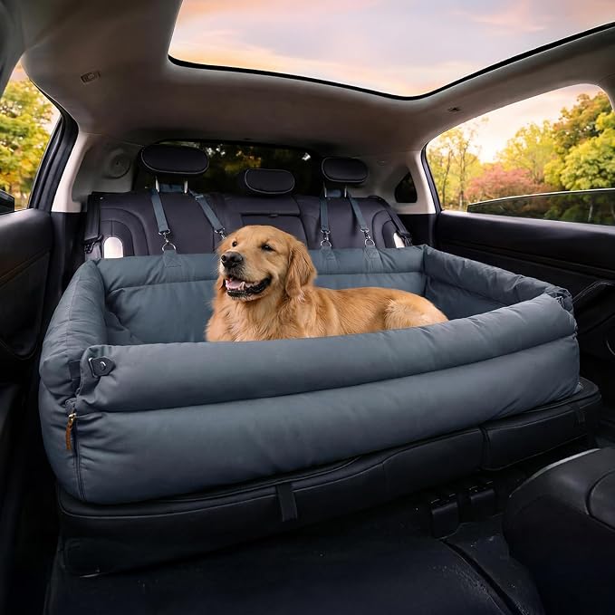 FUNNY FUZZY Leather Dog Car Seat for Large Size Dogs, Pet Booster Car Seats | Waterproof Car Seat with Safety Clip-On Leash, Soft Fabric Car Dog Bed Filling Memory Cotton, Washable Travel Pet Bed(Blue) by FUNNYFUZZY