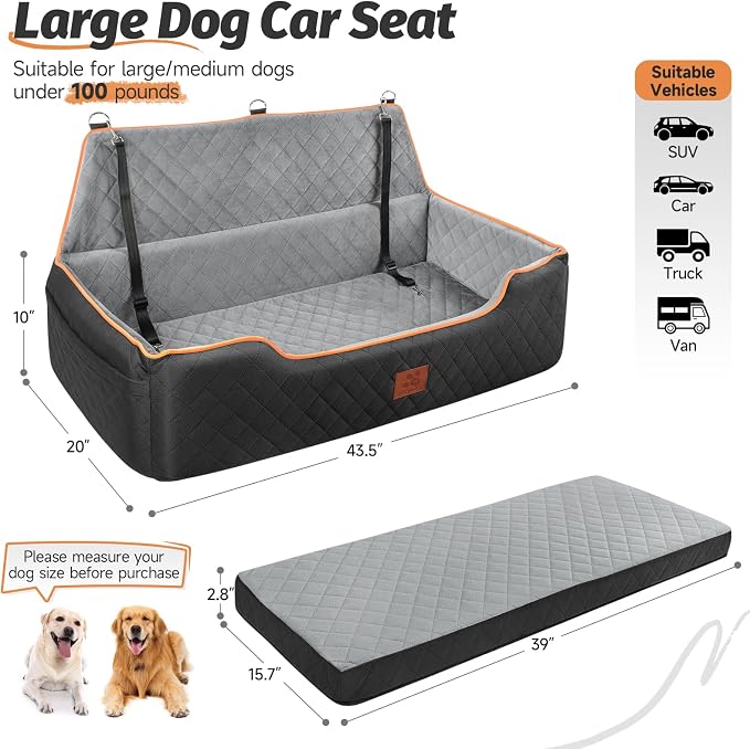 XIEEAOZEE Large Dog Car Seat for Pets Under 100 lbs, Backseat Dog Car Bed | Washable Pet Booster Seat for 2 Medium Dogs, Pet Travel Seat with Storage Pockets, Safety Belts - Image 3