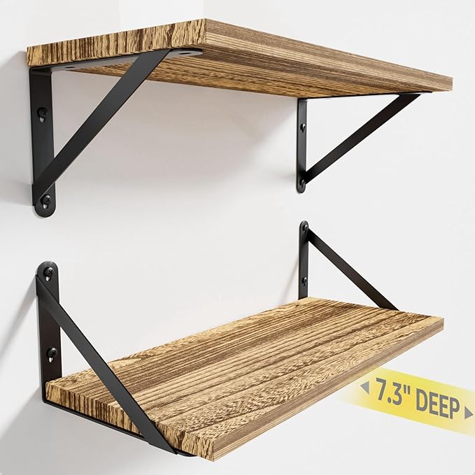 Wall Shelves 7.3" Deep Solid Paulownia Wood (Light Brown, Set of 2) | 15mm Thick, Wider & Longer & Stronger, Easy to Install, Floating Bookshelves, For Bathroom Bedroom, Office Storage Organizer by COCOYA
