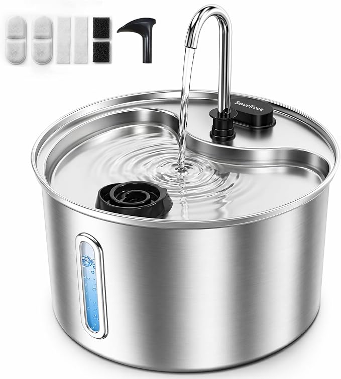 Cat Water Fountain, 118oz/3.5L Stainless Steel Cat Fountain with Ultra-Quiet Pump, LED Water Level Window, Automatic Cat Water Dispenser, 6-Layer Filtration Includes 2 Replacement Filters by Sovelivee