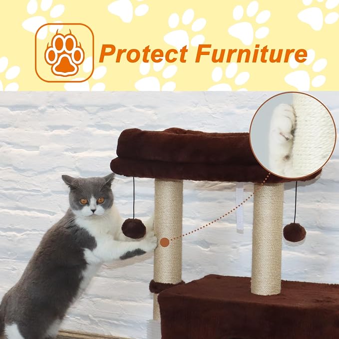 PEEKAB Small Cat Tree Tower,Scratching Post with Condo and Perch for Indoor Cats and Kittens,with Dangling Ball Massage Brush,Brown - Image 5