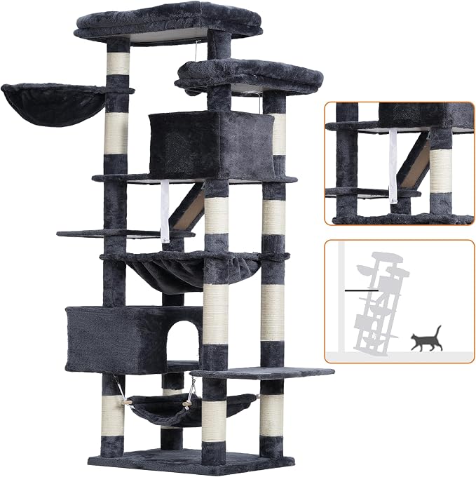 Heybly Cat Tree, 71-Inch-Tall Tower for Indoor Cats with 2 Perches HCT034G | Large Cat Furniture with 2 Big Condos, 2 Hammocks, Basket, Scratching Pad, Multi-Level Cat Condo, Smoky Gray - Image 3