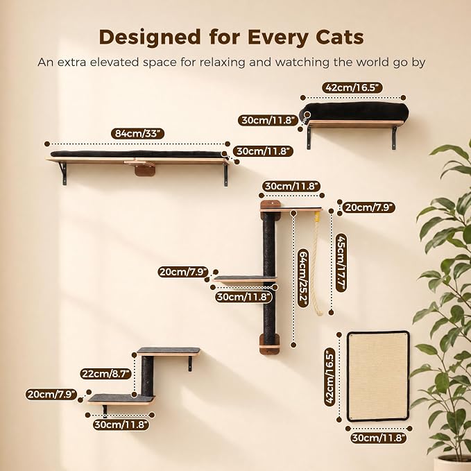 PAWZ Road Cat Wall Shelves, Modern Cat Wall Furniture with Sisal Posts | 5-in-1 wall mounted cat tree ,wood cat shelves with long perch,cat wall climber holds up to 40lbs for large indoor cats - Image 3