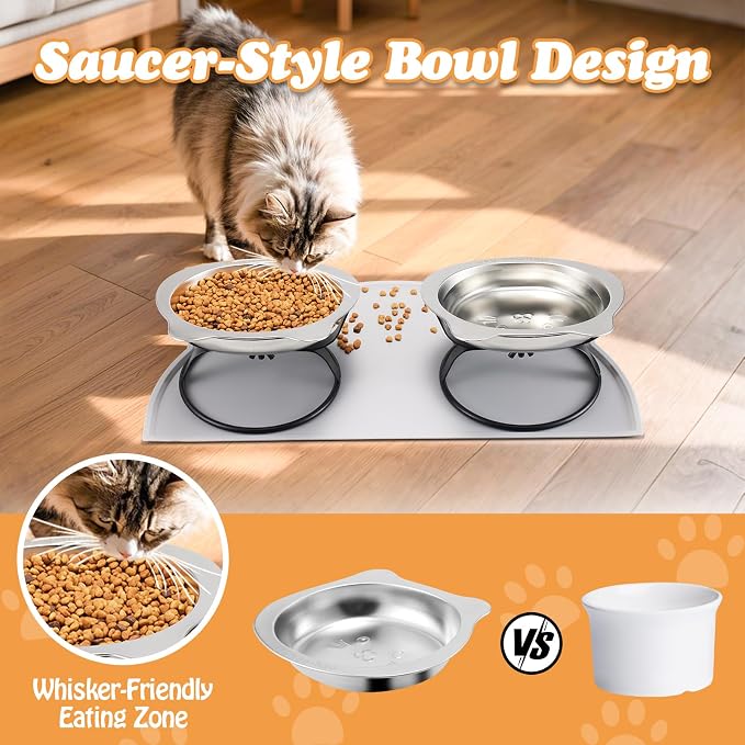 Elevated Cat Bowls with Non-Slip Mat - 7.1" Wide Whisker Friendly Dishes, Neck Stress-Free, Raised Stainless Steel Bowls for Flat-Faced/Senior Cats & Small Dogs, Indoor/Travel Use, 2-Pack - Image 3