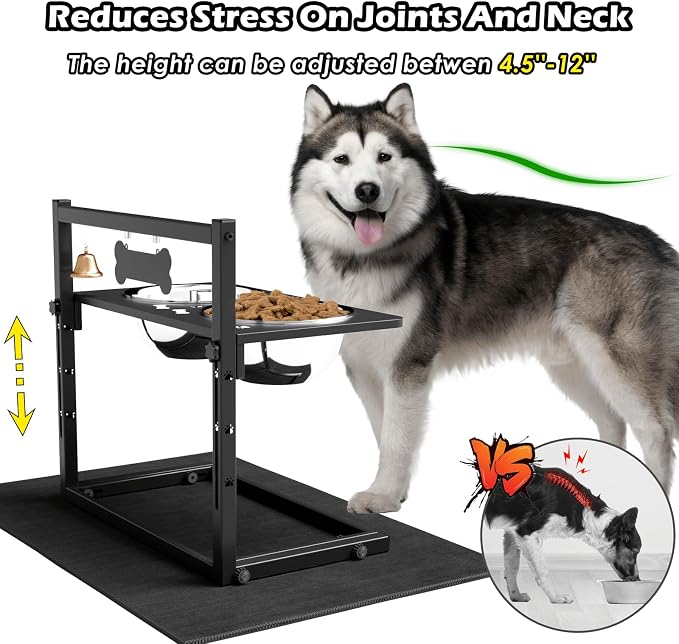 SHAINFUN Elevated Dog Bowls with Mat, Adjustable Height 4.3''-11.8'', Metal Stand, Two 1.7L Stainless Steel Food & Water Bowls for Large, Medium Dogs - Image 2