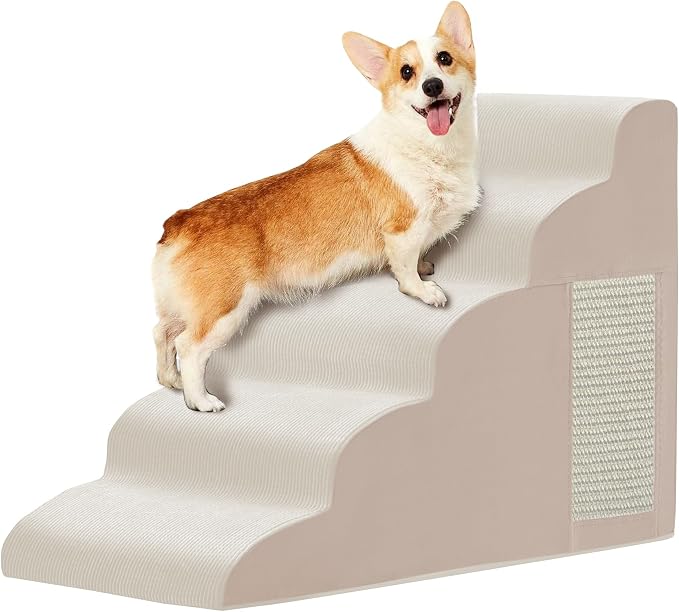Dog Stairs for Small Dogs 22.6" H, Dog Ramp for Bed, 5-Step, Beige | Dog Steps for Bed, Couch, Pet Stairs with Non-Slip Bottom Design, Cat Scratching,High Density Foam Portable Pet Steps, Indoor by Ahpmeoa
