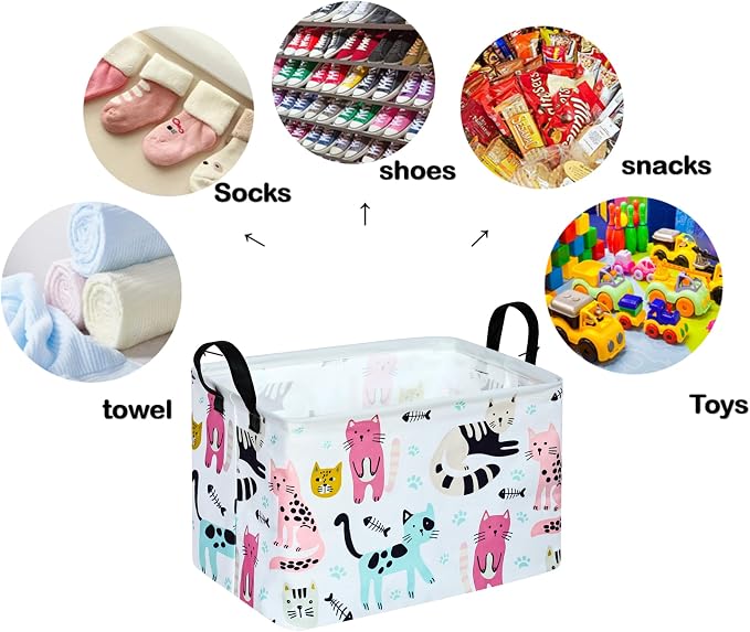 Rectangle Gift Storage Basket Home Shelf Storage Basket Organizer Box Clothes Laundry Hamper Nursery Basket Laundry Basket with Handles (Cat) - Image 7