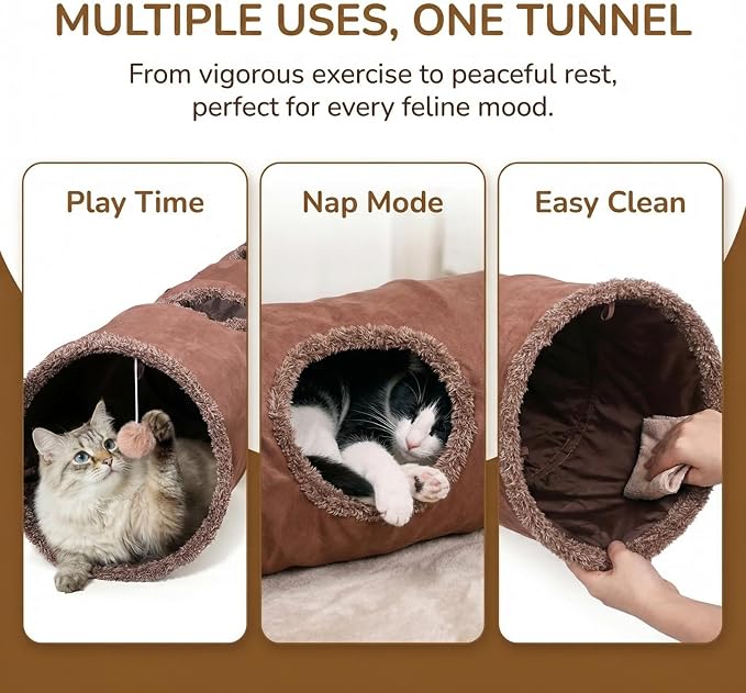 51"x 12" Collasiple Cat Play Tunnel, Cats Tubes and Tunnels, Cat Foldable Hide and Seek Tunnel Toy, Brown Suede Pet Tube Toy for Rabbits, Ferrets, Puppy, Diameter 12 Inch - Image 4