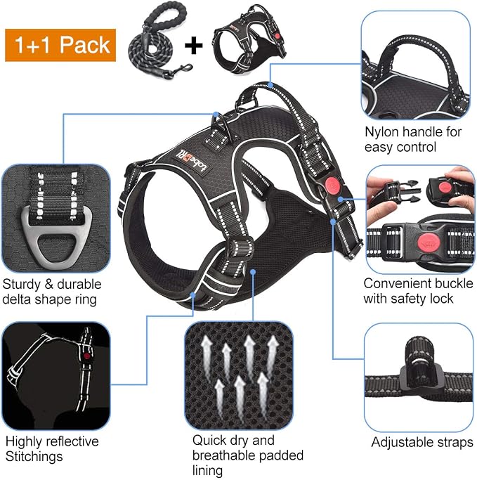 tobeDRI No Pull Dog Harness Adjustable Reflective Oxford Easy Control Medium Large Dog Harness with A Free Heavy Duty 5ft Dog Leash, Black, XL - Image 2