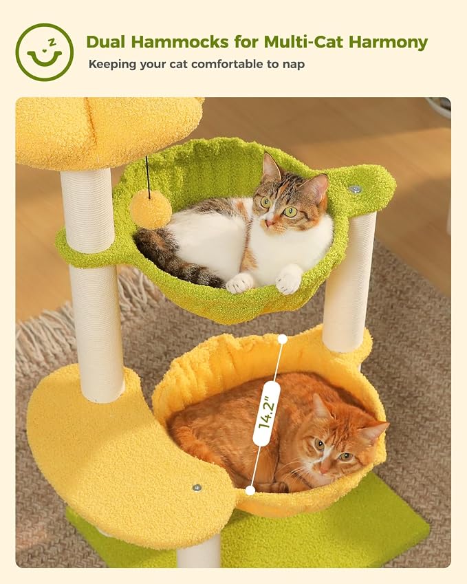 37.4" Flower Cat Tree with 2 Hammocks & 6 Sisal Posts, Yellow | Flower top perch, 2 spacious hammocks, 6 sisal posts, Cute small tower, For indoor kittens, Sturdy build - Image 3