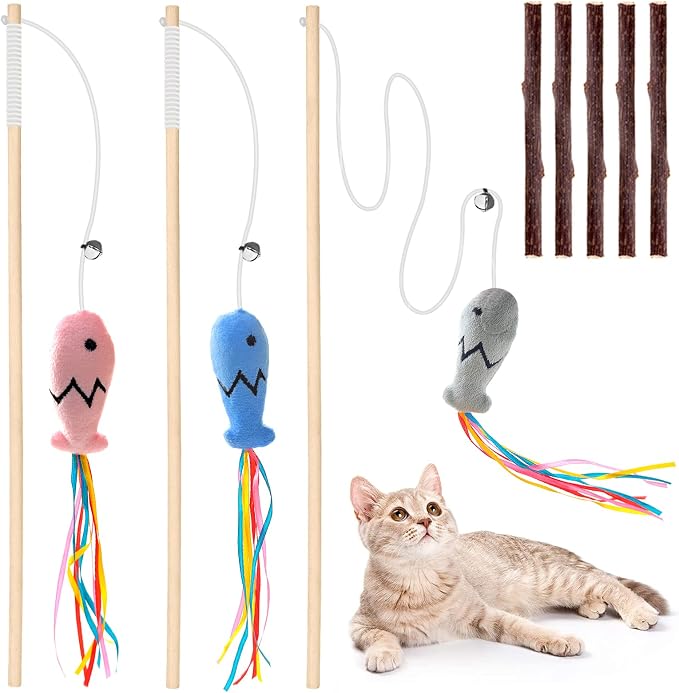 Natural Wood Cat Wand Toy with Ribbon Fish Teaser - 3pcs, 16 Inch, Indoor Cat Exerciser & Playing Kitten Toy, Bonus 5pcs Catnip Sticks for Teeth Cleaning by Plant+Castle