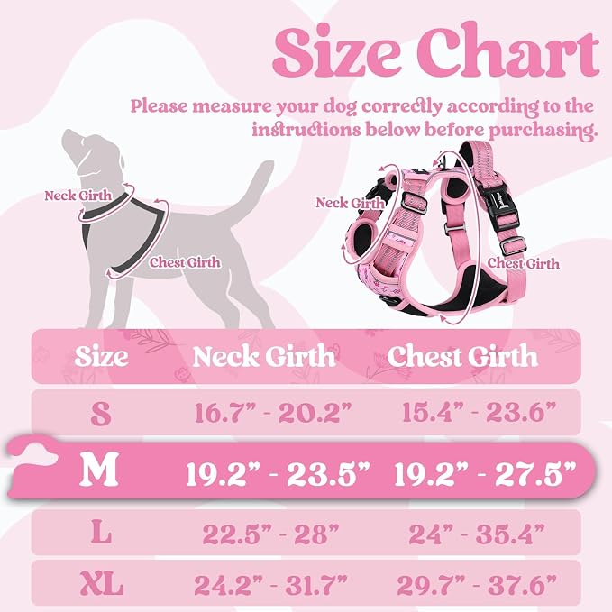 rabbitgoo Dog Harness Medium Sized, Updated Easy On & Off with 3 Buckles | No Pull No Choke, Walking with 2 Clips and Handle, Adjustable Soft Reflective, Floral Pink, Medium - Image 2