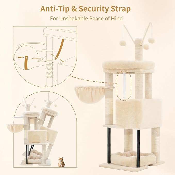 Heybly Cat Tree, 45.3" Cat Tower for Indoor Cats with Large Perch HCT202SM | All-in-One Cat Furniture with Cozy Bed, Hidden Space Cat Condo, Comfy Hammock, Scratching Posts & 3 Pompoms, Beige - Image 7