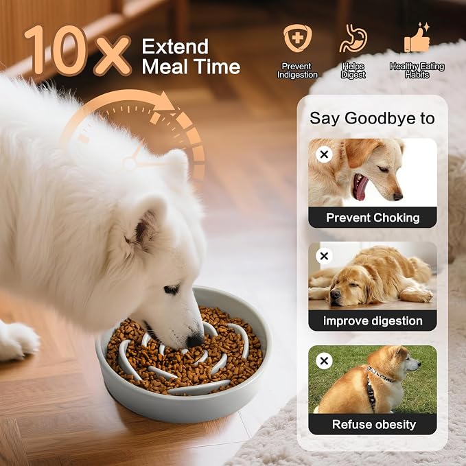 8.25'' Ceramic Slow Feeder Dog Bowls - Petal Shape Modern Dog Food Dish for Medium and Large Breeds, Puzzle Maze Bowl to Slow Down Eating, Anti-Gulping, Dishwasher & Microwave Safe, Grey - Image 4