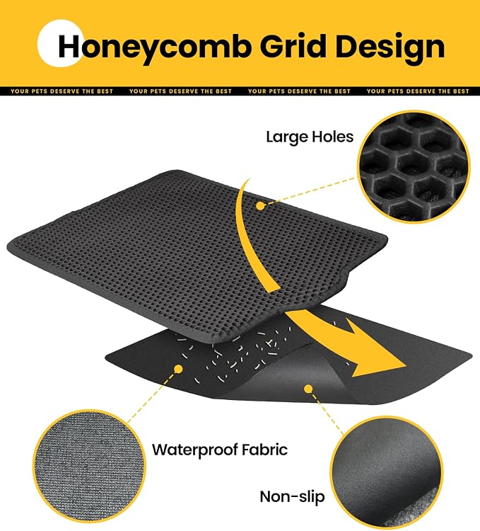 Conlun Cat litter Mat 30"x22", Large Honeycomb Double Layer Waterproof Trapping Waste for Kitty Litter Box, Easy Cleaning Soft on Paws Cat Matt on Floor, Black - Image 4