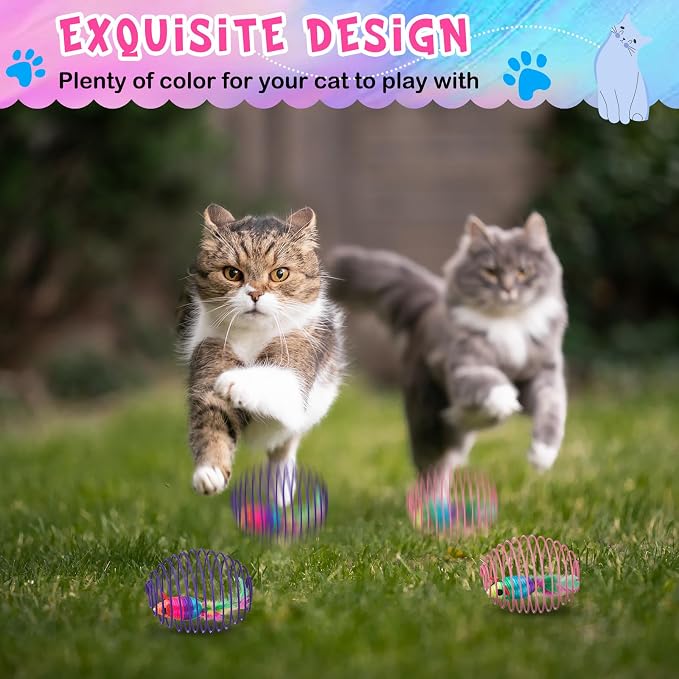 Jecery 5 Pcs Cat Toys Spring,Mouse, Rainbow Color | Interactive Metal Cat Toy, Stretchable Rolling Ball, for Indoor Cats, Colorful Playful Coils, Kitten Pet Supplies - Image 4