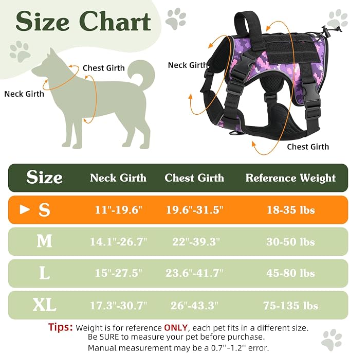 VavoPaw Heavy Duty Tactical Dog Harness for Small Dogs, No Pull Adjustable | Pet Harness Reflective Service Training Easy Control Pet Vest Military K9 Working Dog Harnesses（Purple Camouflage, S） - Image 2