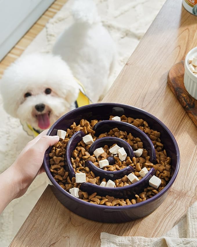 LE TAUCI Dog Bowls Slow Feeder Ceramic, 1.5 Cup Slow Feeding Bowl for Small and Medium Breed, Puzzle Dog Food Bowl for Fast Eater, Maze Purple - Image 2