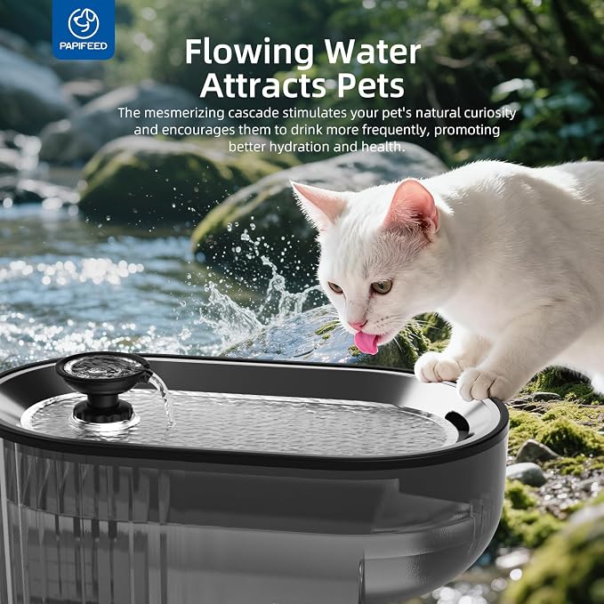 PAPIFEED Cat Water Fountain Stainless Steel with a Silicone Mat, 84oz/2.5L Automatic Pet Fountain with Water Level Window and LED Light, Quiet Low Power Cat Water Bowl & Cat Water Dispenser(Black) - Image 4