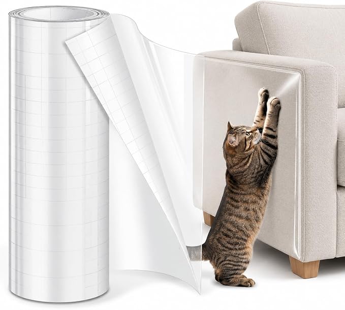 Anti Cat Scratch Furniture Protector, 200 x 12 Inches Clear Thick Vinyl Cat Scratch Deterrent Tape, Single-Sided Sticky Couch Protector for Sofa, Door Frame, Walls, Bed and Furniture Protection by Uzpomel