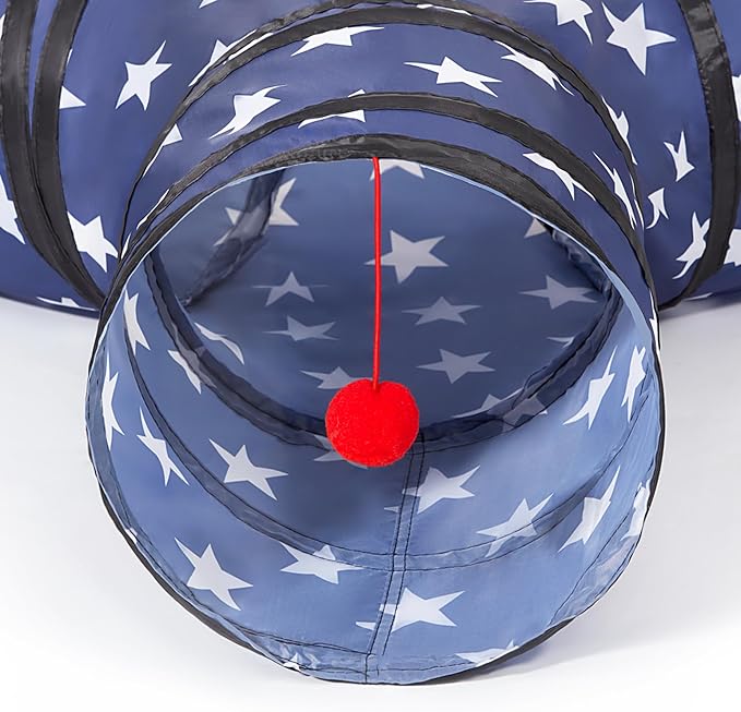 Tempcore Cat Tunnel for Indoor Cats, 3 Way Collapsible Pet Play Tunnel with Teaser Wand, Peek Holes & Hanging Ball, Interactive Tube for Kittens & Rabbits, Pentagram Printed - Image 6