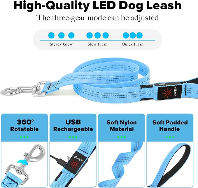 Illumifun LED Dog Leash, USB Rechargeable Glowing LED Lead, 4 FT Nylon Light Up Leashes for Dogs Wlaking at Night (BlueⅡ) - Image 4