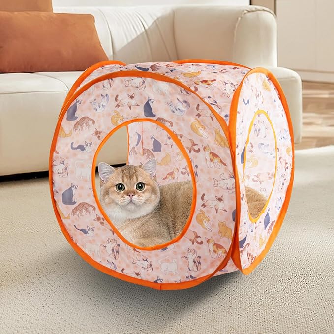 Andiker Cat Tent, 3 Holes Safe and Strong Cute Cats Tunnel Collapsible Easy to Carry Cat House for Indoor Cats Kittens Hiding Playing Training Sleeping (Square Orange) - Image 7