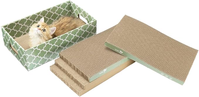 MECOOL Cat Scratching Board，5PC Cat Scratch Pad with Box，Reversible Corrugated Cat Scratcher Cardboard and Lounge Bed for Indoor Cats, Catnip by MECOOL