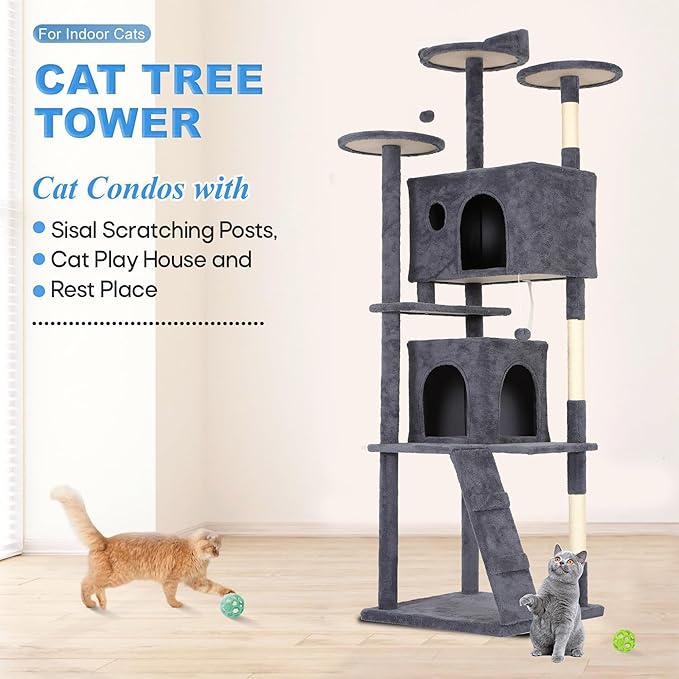 FDW | 81" Cat Tree Tower | Dark Gray | Multi-Level Indoor Activity Center with Sisal Scratching Posts, Condos, Plush Perches, Hanging Cat Toys | Sturdy, Easy to Assemble | for Kittens & Adult Cats - Image 2
