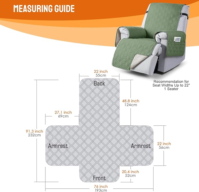 VANSOFY 100% Waterproof Recliner Chair Covers Washable, Bean Green, 22" | Non-Slip, Slipcover with Pocket, Furniture Protector, Elastic Straps, Chair Cover for Pets, Dogs - Image 2