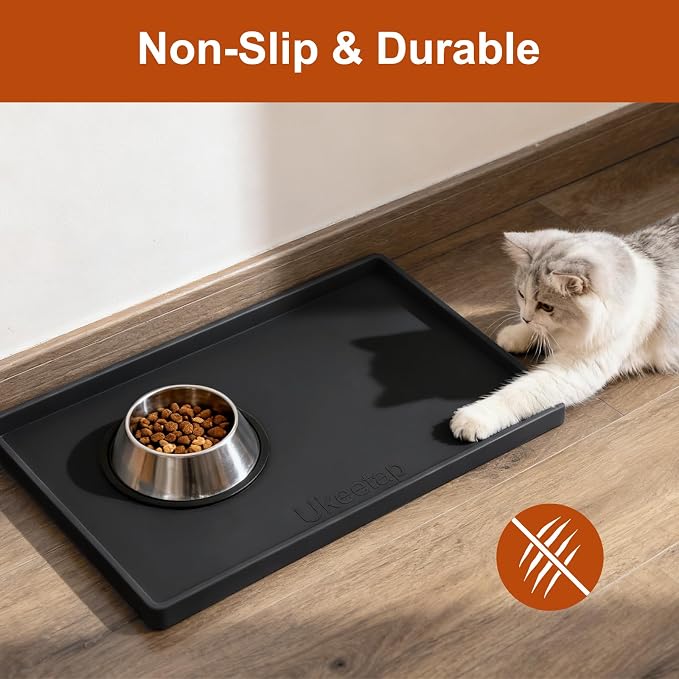19" x 12" Extra Thick Silicone Mat Waterproof with Raised Edge, Black | BPA-Free Non-Slip Dog & Cat Food Mat, Feeding Mat for Food and Water Bowls, Spill Proof Mat to Protect Floors - Image 5