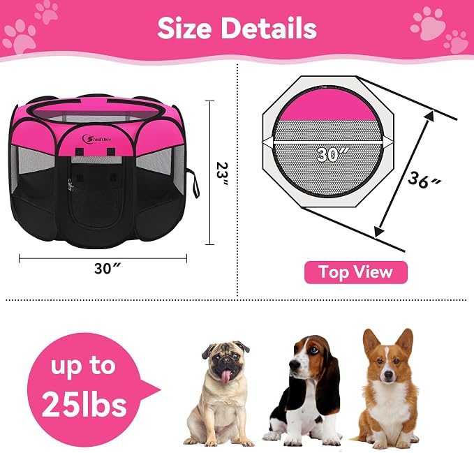 Siedihit Dog Playpen, Medium Puppy Pet Playpen, Dog Crate Tent Cage Indoor | Outdoor, Portable Pop Up Dogs Kennel Playpen with Carrying Case for Dogs/Cats/Rabbits, Hot Pink - Image 3