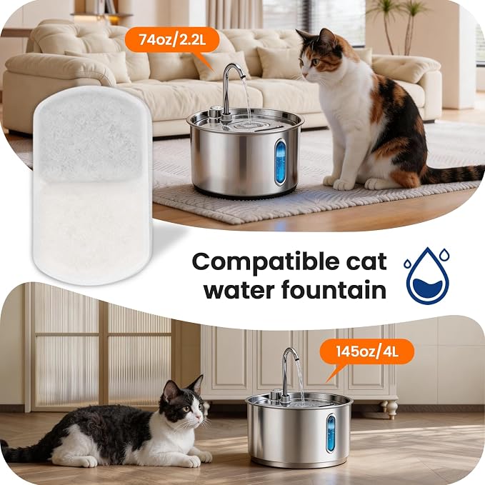 Cat Water Fountain Filter, 6 Pack Replacement Filters & 6 Pack Sponges for 74oz/2.2L & 135oz/4L Stainless Steel Cat Fountain, Pet Water Dispenser Filter - Image 2