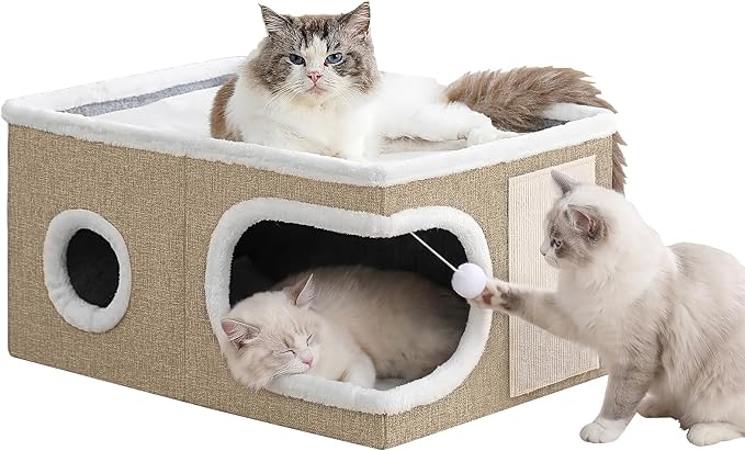 Extra Wide Cat Houses for Indoor Cats, Large Covered Cat Bed Cave | Foldable Kitten Bed House with Fluffy Ball and Scratch Pad, Large Cat Condo Tent for Multiple Pets, 23.6x16x13 inches, Khaki‌ by Unknown