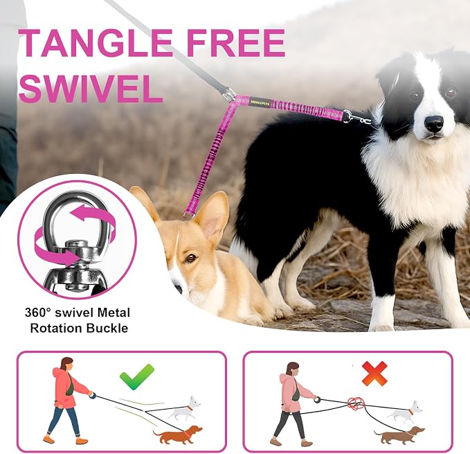 MingXpet 2 Dog Leash, Dog Leash for 2 Dogs, 360° Swivel No Tangle Double Walking Training Leashes for Large Dogs that Pull, Comfortable Shock Absorbing Reflective Bungee, Rose - Image 4