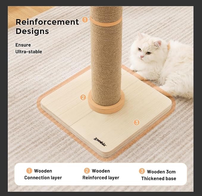 ZOMISIA 35'' Tall Cat Scratching Post for Indoor Cats Adults | 4.7'' Large Scratch Post, Thicken Wooden Base, Sisal Scratcher Top & Dangling Balls, Super Sturdy - Image 3