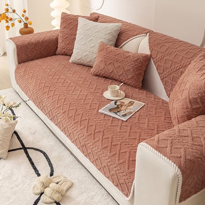 vctops Geometric Jacquard Plush Sofa Couch Covers Farmhouse Neutral Non Slip Sectional Couch Cover Soft Warm Sofa Slipcover for Dogs, Children, Pets Furniture Protector (Orange,36"x63") by vctops