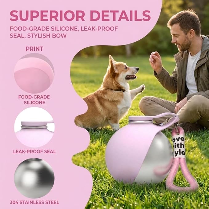 Dog Water Bottle Portable, 2 in 1 Stainless Steel 10oz Dog Water Bowl, Pink | Leak-Proof Pet Water Dispenser for Small & Medium Dogs, Pet Drinking Holder for Walking Hiking Outdoor Activities - Image 3