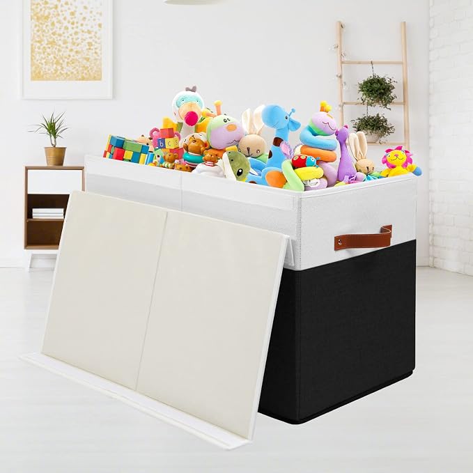Large Toy Storage Box with Lid, Toy Chest Bin Boxes Basket with Dividers | Sturdy Toy Organizer Bin for Kids, Boys, Girls, Nursery, Living Room, Bedroom, Playroom 25"x13" x16" (Black and White) - Image 7