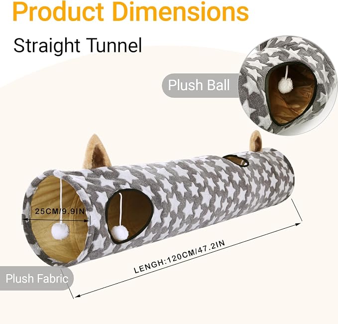 Cat Tunnel -Straight-Shaped, Gray Star Pattern, Soft Velvet Exterior, Oxford Fabric Fog-Proof Interior, Plush Toy Ball, Easily Washable, Conveniently Foldable, 47.2in/120cm - Image 2