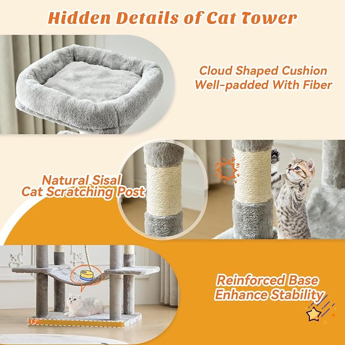 DUMOS Large 66 Inch Cat Tree Tower with Scratching Posts, Indoor Use | Tall Multi Level Cat Climbing Tower with Hammock, Pet Condo for Cats and Kittens Play, Light Gray - Image 3