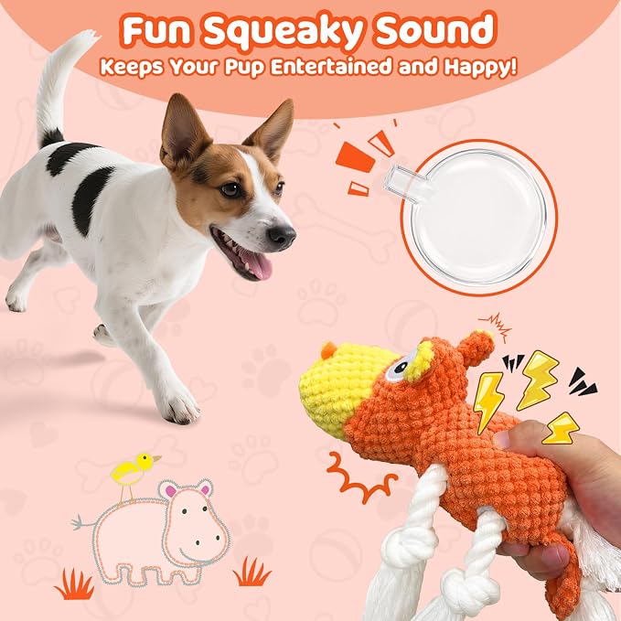 TOOPTATE Hippo Squeaky Dog Toy, Yellow Orange, Medium | Cute Plush Design, Rope Legs for Tugging, Helps Keep Dogs Busy, Suitable for Small, Medium, and Large Dogs - Image 4