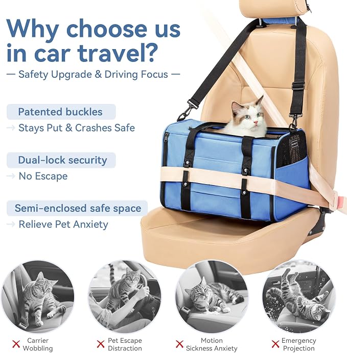 PETSFIT Cat Carrier Soft with Patented Safety Buckles, Safe for Car Travel | Lockable Zippers, Safety Tether, Escape-Resistant Pet Carrier for Vet Visits, Airline Approved Under-Seat, Up to 12 lbs - Image 2