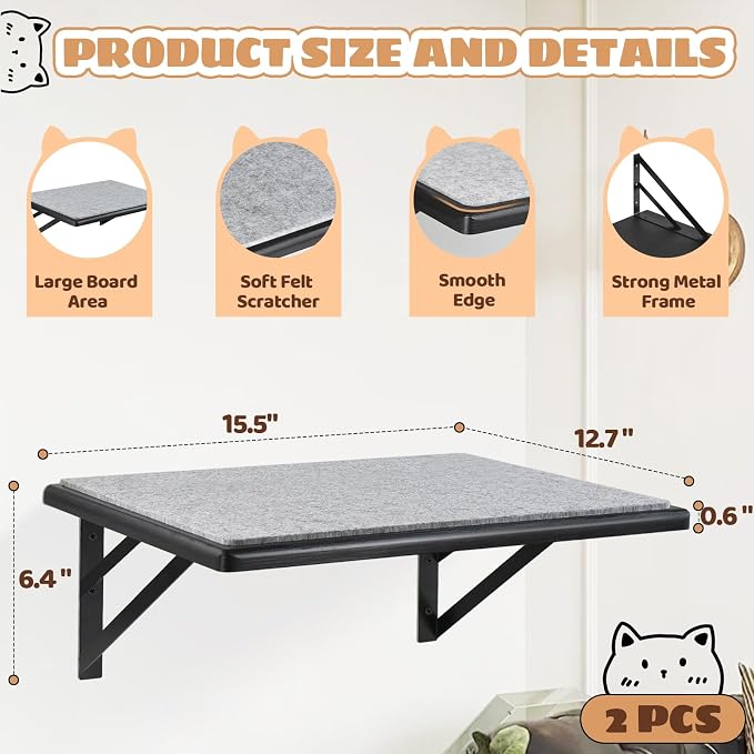 Cat Wall Shelves Set of 2, Wood Cat Shelves for Wall, Cat Wall Bed Hammock with Scratching Pad, Cat Climbing Shelf for Sleeping Playing, Cat Window Perch for Large Cats, Black Cat Furniture for Indoor - Image 7