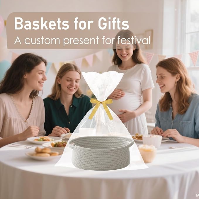 JMvicyroam Small Woven Basket, Empty Gift Basket, Grey/2 Pack | Small Gift Basket, Cotton Rope, 12 x 8 x 37 in, Handles, Includes Ribbon and Bag, Birthday Gift Basket - Image 4