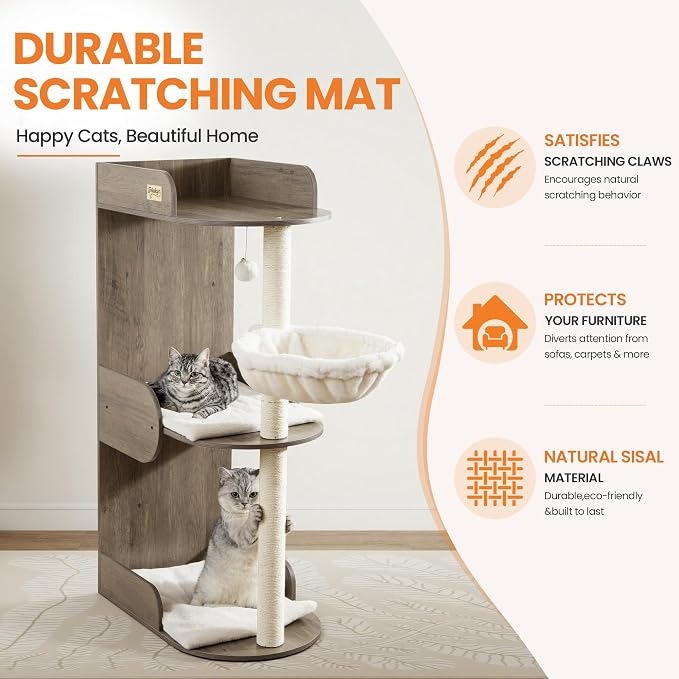 44.8in Modern Wood Cat Tree Tower for Indoor Large Cats with Perch | Multi-level Big Platforms, Sisal Scratching Posts, Cozy Hammock, Washable Pads, Ideal for Windows and Corners, Greige - Image 4