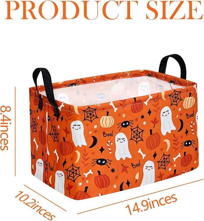 Rectangle Pumpkin Ghost Pattern Gift Storage Basket Home Shelf Storage Basket Organizer Box Clothes Laundry Hamper Nursery Basket Laundry Basket with Handles - Image 2