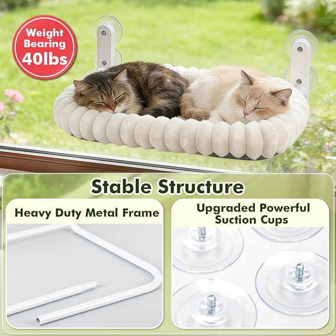 Zoratoo 2PC Cloud-Cuddle Cat Window Perch, Foldable Cat Hammock, M White | 2-in-1 Reversible Cover, Removable for Machine Wash, Stable Window Resting Seat with Large Suction Cups for Indoor Cats - Image 4
