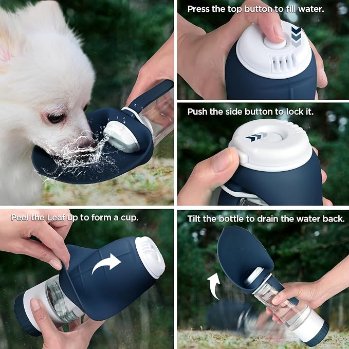 Uppetly Dog Water Bottle, Pet Water Bottle with Food Container and Drinking Feeder, Leak Proof, BPA-Free, Portable Foldable Puppy Water Cup Dispenser for Outdoor Walking, Travel, Small Dark Blue - Image 4